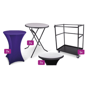 Set van verschillende statafels en accessoires voor evenementen en feesten.