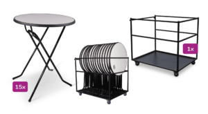 Transportkar met 15 statafels en accessoires voor evenementen en feesten.