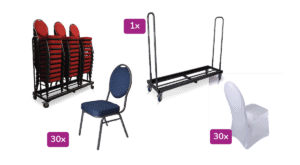 Transportkar inclusief stapelstoel Maas en stretchrok, 30 stuks voor evenementen.