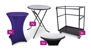 Kleine transportkar met statafel Colorado, stretchrok en topcover voor evenementen.