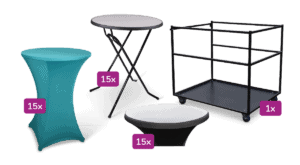 Transportkar groot inclusief statafel Colorado en stretchrok, ideaal voor evenementen.