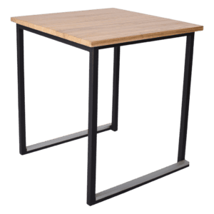 Moderne statafel met houten blad en zwart metalen frame voor evenementen.