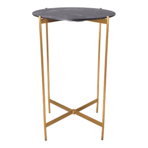 Moderne statafel met zwart marmeren blad en gouden metalen poten voor evenementen.
