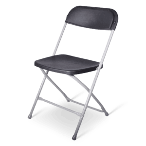 Statafelstoel met metalen frame en zwarte zitting, ideaal voor evenementen en horeca.