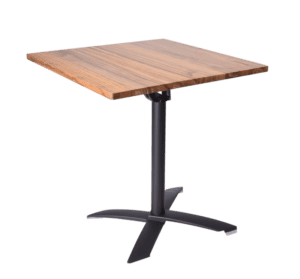 Statafel met houten blad en zwarte voet, ideaal voor evenementen en horeca.