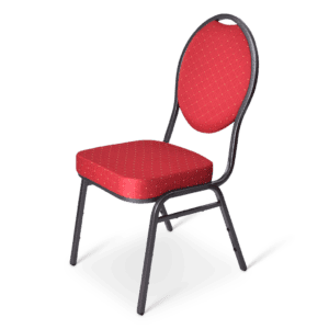Comfortabele statafelstoel met rode bekleding en metalen frame voor evenementen.