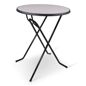 Moderne statafel met zwart metalen onderstel en rond tafelblad, ideaal voor evenementen.