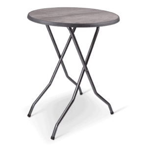 Statafel met metalen poten en houten blad, ideaal voor evenementen en horeca.