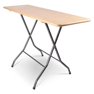 Statafel met houten blad en metalen onderstel, ideaal voor evenementen en horeca.