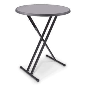 Statafel met ronde top en metalen onderstel, ideaal voor evenementen en horeca.