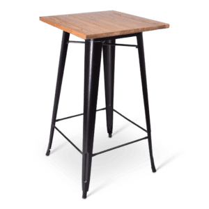 Moderne statafel met houten blad en metalen frame, ideaal voor evenementen.