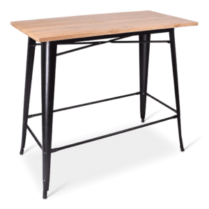 Statafel met houten blad en stevig metalen frame, ideaal voor evenementen en horeca.