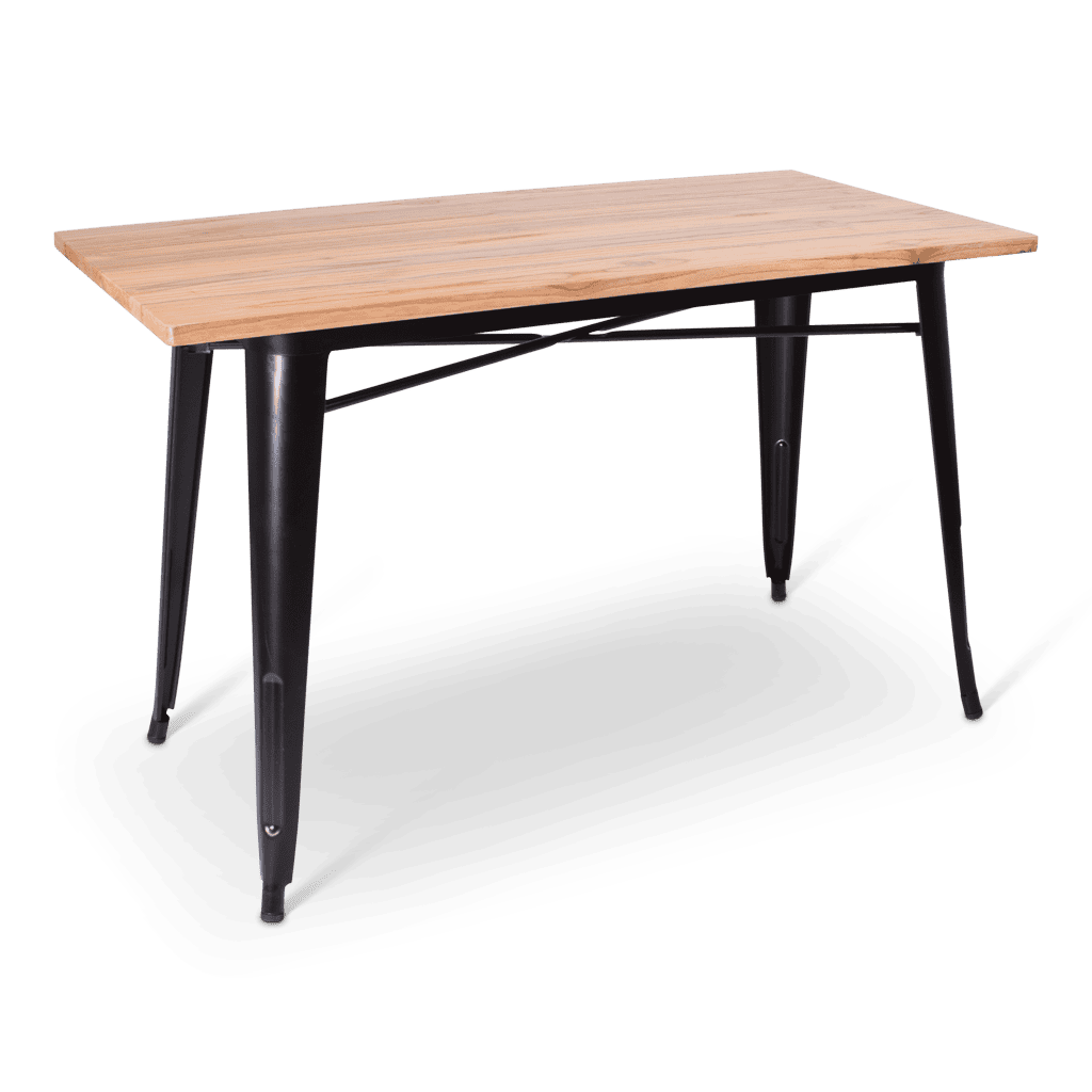 Houten statafel met zwarte metalen poten, ideaal voor evenementen en feesten.