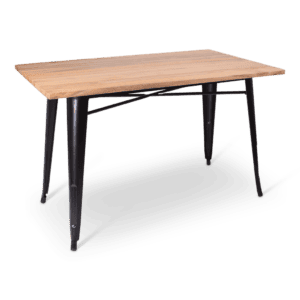 Statafel met houten blad en zwarte poten, ideaal voor evenementen en horeca.