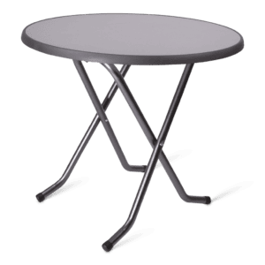 Moderne statafel met ronde tafelblad en metalen onderstel voor evenementen.