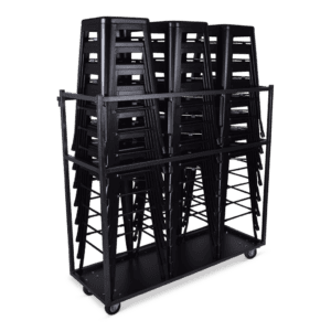 Transportkar met 24 barkruken voor evenementen en horeca.