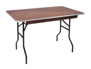 Statafel met houten blad en metalen poten, ideaal voor evenementen en feesten.