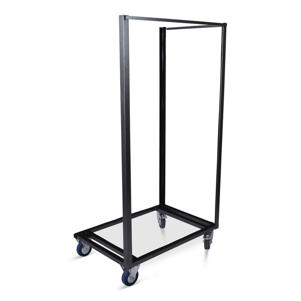 Statafelwagen met metalen frame en wielen, ideaal voor evenementen en horeca.
