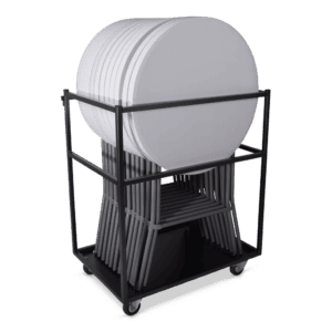 Transportkar met statafel en stoelen voor evenementen.