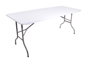 Statafel met witte blad en metalen poten, ideaal voor evenementen en feesten.