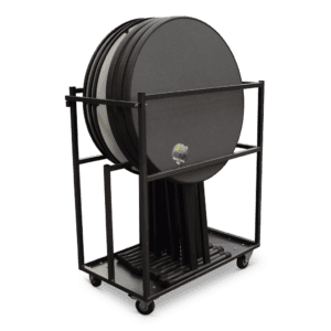 Ronde statafel met zwarte tafelbladen en transportwagen voor evenementen en feesten.