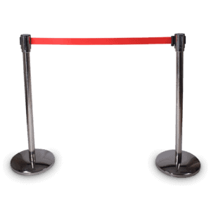 Afzetpaal met rood lint voor evenementen en beveiliging.