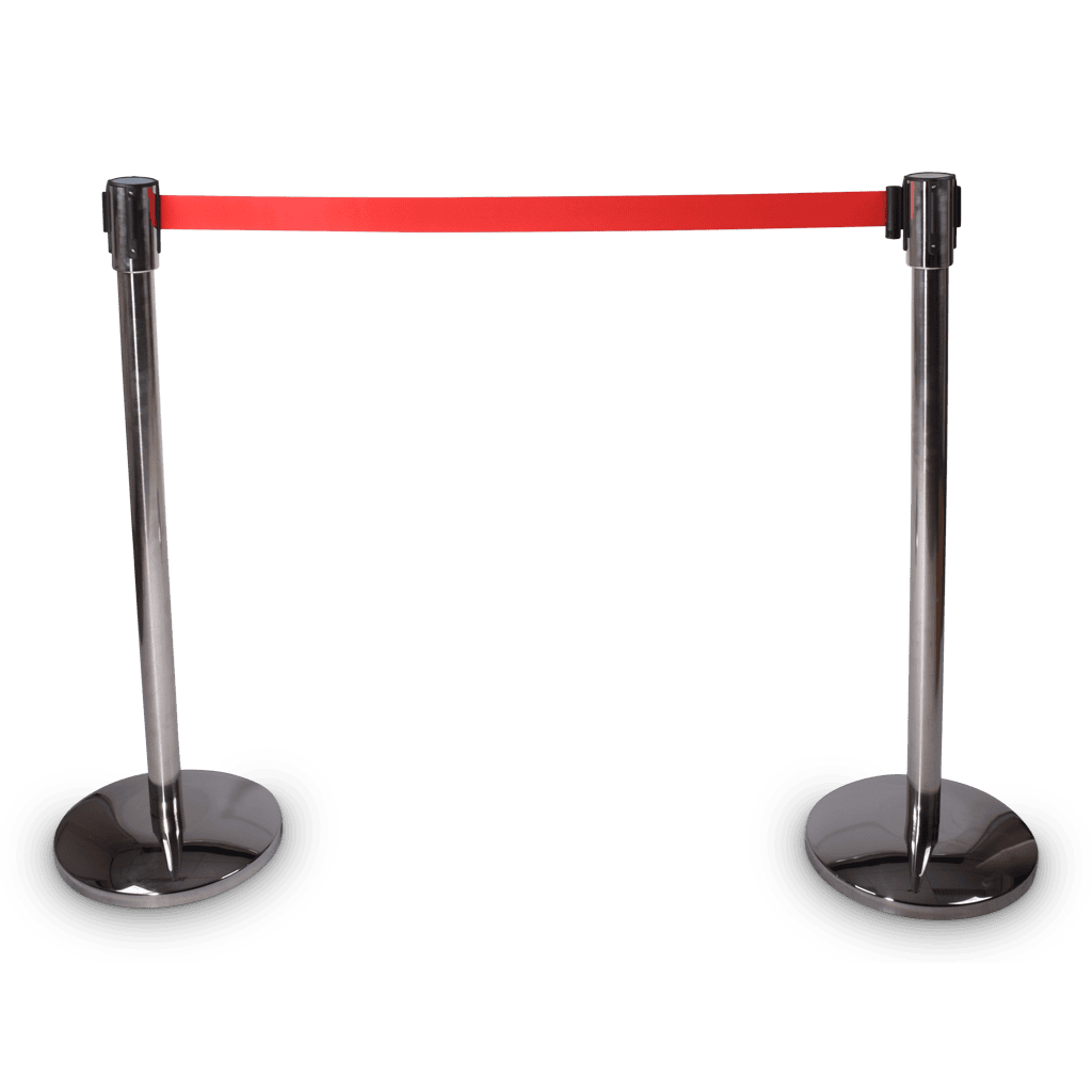 Afzetpaal met rood lint voor evenementen en beveiliging.