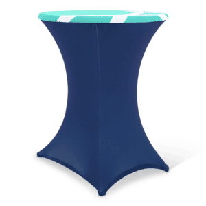 Statafel met blauwe hoes en gestreepte rand, ideaal voor evenementen en feesten.