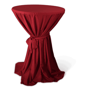 Statafel met rode tafelbekleding en overkapping, ideaal voor evenementen en feesten.