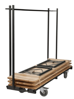 Transportkar inclusief biertafels en houten planken voor evenementen.