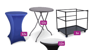 Set van statafels en transportkar voor evenementen en feesten.