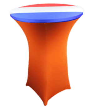 Statafel met kleurrijke stretchcover voor evenementen en feesten.