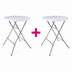 Twee witte statafels set voor evenementen en feesten, ideaal voor catering en bijeenkomsten.